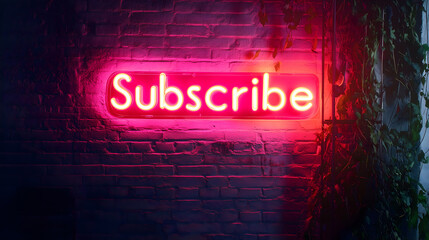 "Subscribe" neon sign on brick wall, social media call-to-action in pink illumination