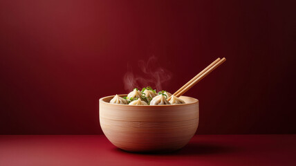 steaming bowl of dumpling soup garnished with herbs and served with chopsticks