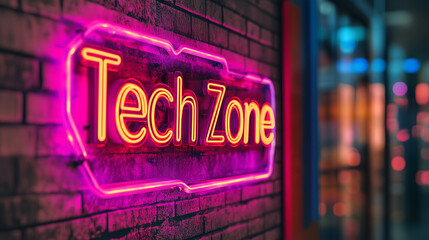 "Tech Zone" neon sign on brick wall, pink illuminated technology space marker with urban atmosphere