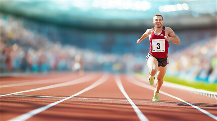 Fototapeta premium Professional athlete sprinting on a track, captured in motion during a competitive race. The image highlights speed, determination, and sportsmanship.