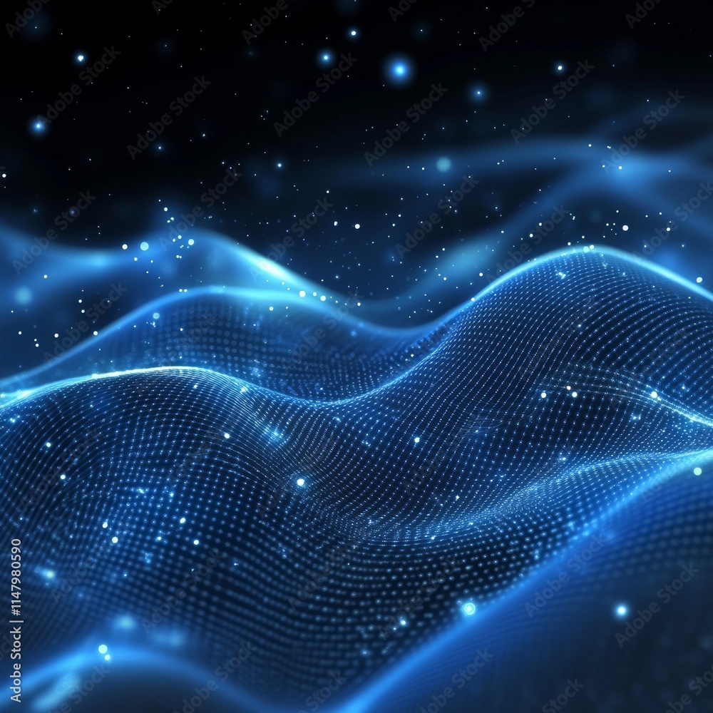 Poster digital wave patterns illuminated by blue light in a dark environment create a mesmerizing visual ex