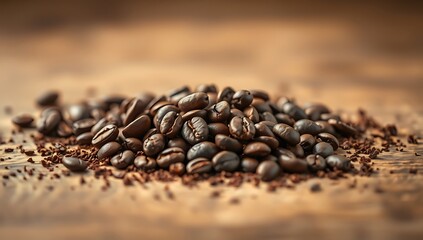 Fototapeta premium Roasted Coffee Beans On Wooden Surface