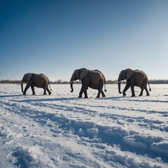 A herd of elephants crossing a serene snowy field under a blue sky.