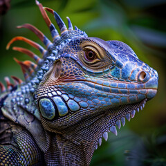 Fototapeta premium Close-up Portrait of a Vibrant Blue Iguana in Lush Greenery Background - Perfect for Wildlife Photography Lovers and Nature Enthusiasts