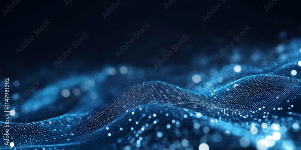 Poster digital wave patterns resembling abstract data visualizations over a dark background with luminous b