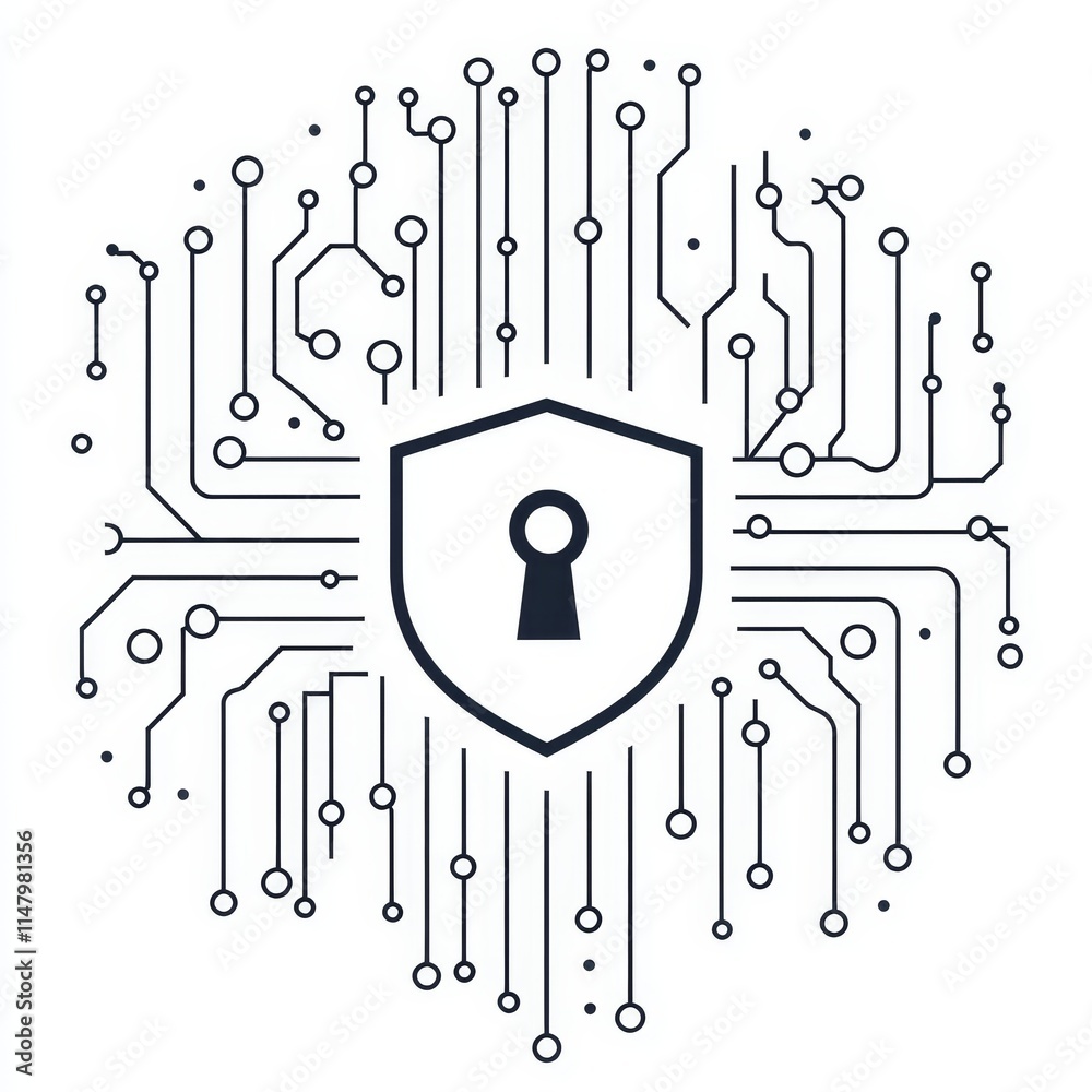 Poster digital security shield with keyhole surrounded by circuit patterns representing online protection a
