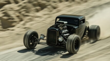 A vintage hot rod races over sandy terrain, kicking up dust in a dynamic display of speed.