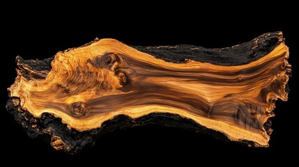 Cross-section of a tree trunk, showcasing rich, warm wood grain against a black background.