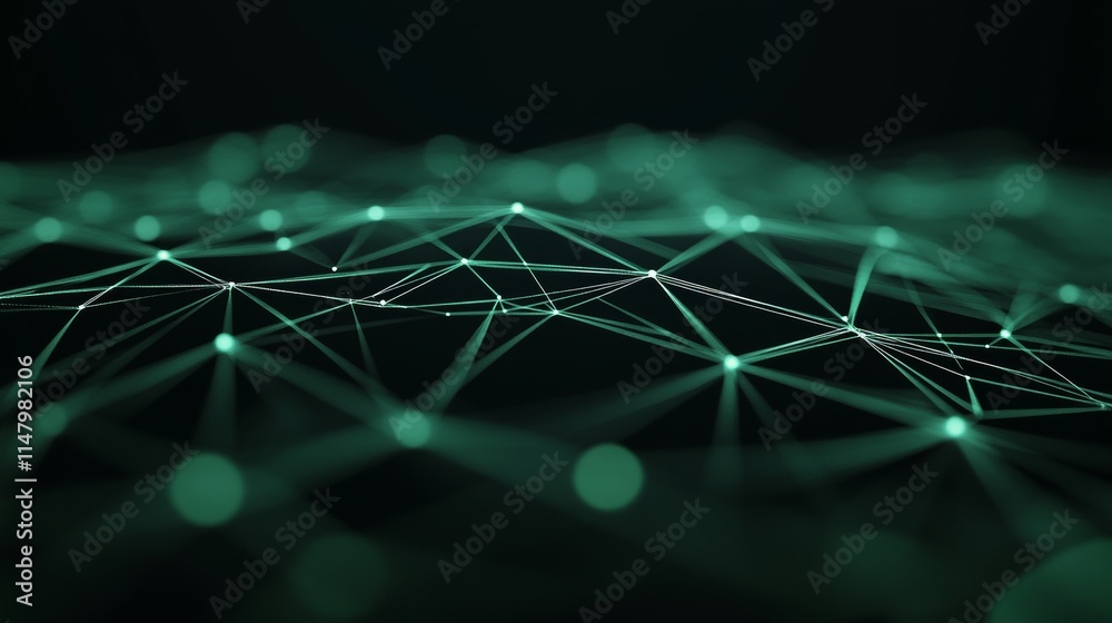 Poster exploring the intricate patterns of a green network design made of connected lines and glowing nodes