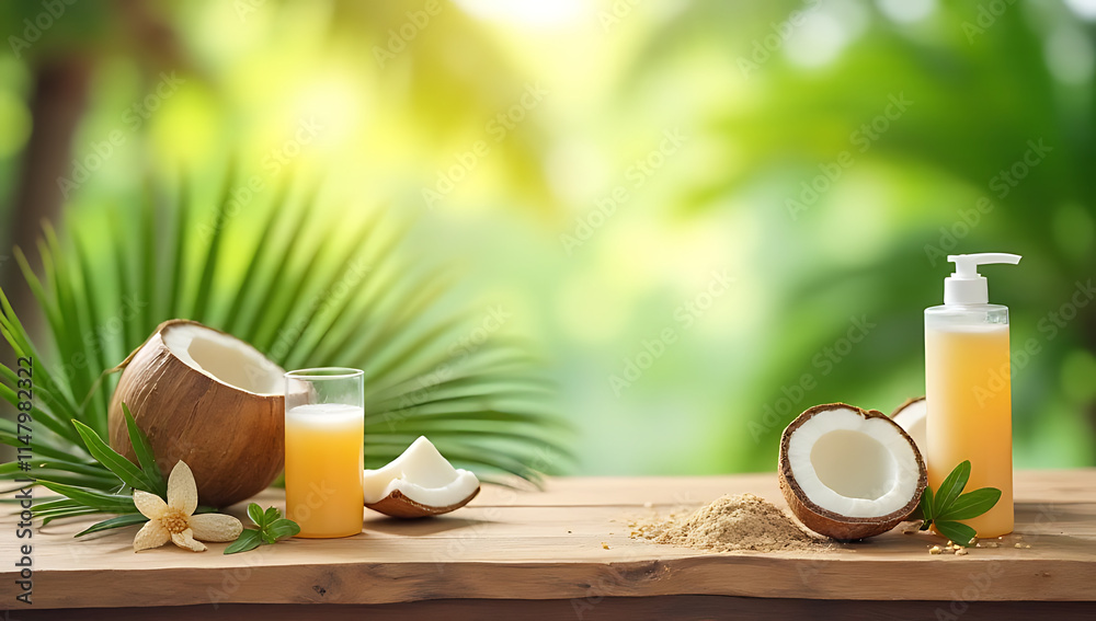 Aufkleber wooden table countertop with summer products displayed on a blurred coconut leaf background in a nat