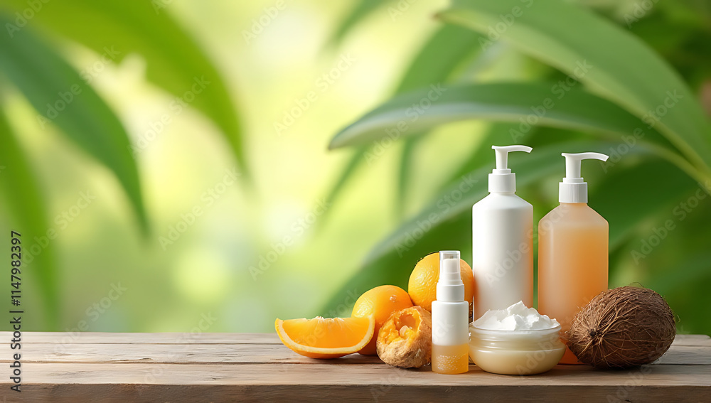 Aufkleber wooden table countertop with summer products displayed on a blurred coconut leaf background in a nat