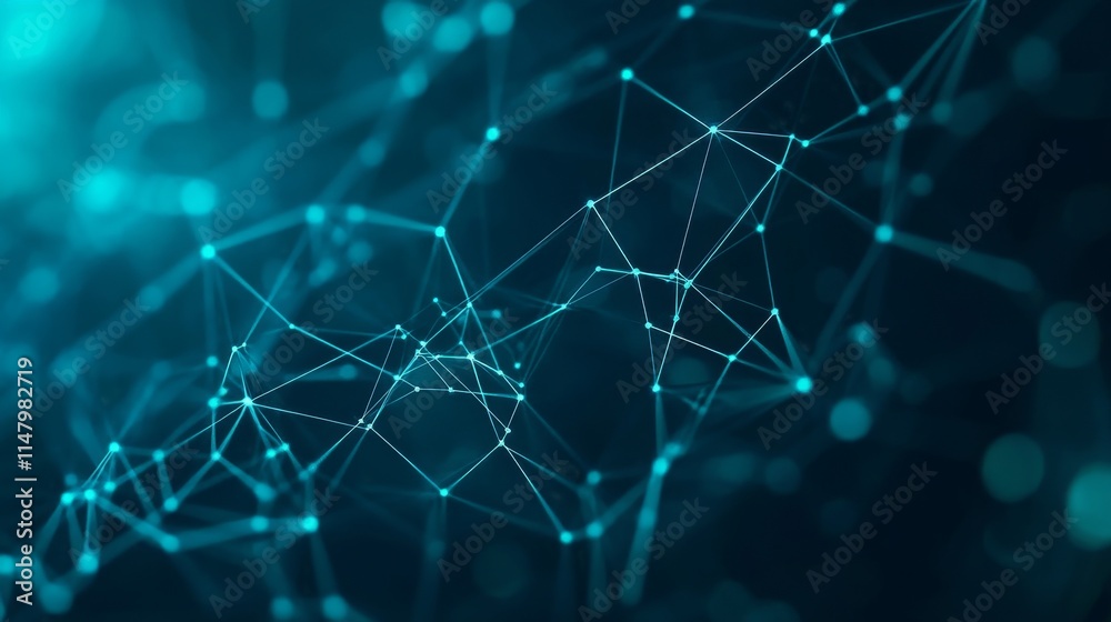 Poster complex network of glowing nodes and connecting lines illustrating digital technology in a dark back