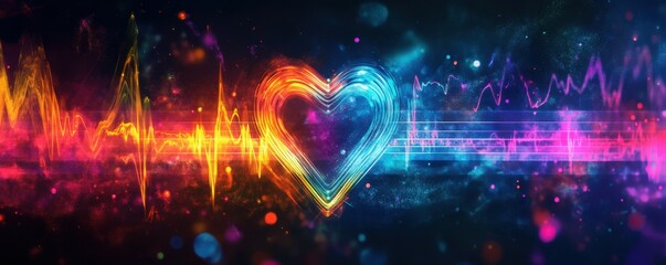 Heartbeat, sound waves, digital equalizer, colorful background, abstract design, health monitoring, technology concept, vibrant colors, emotional connection, lively energy
