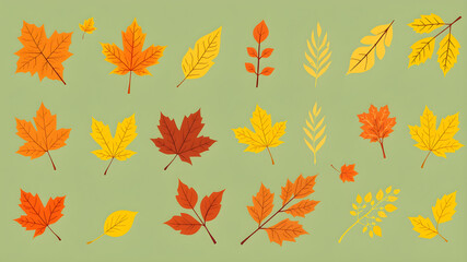 Autumn leaves or fall foliage icons. Vector isolated maple, oak or birch and rowan tree leaf set. Falling aspen, beech or elm and poplar fall foliage for seasonal holiday greeting Generative AI