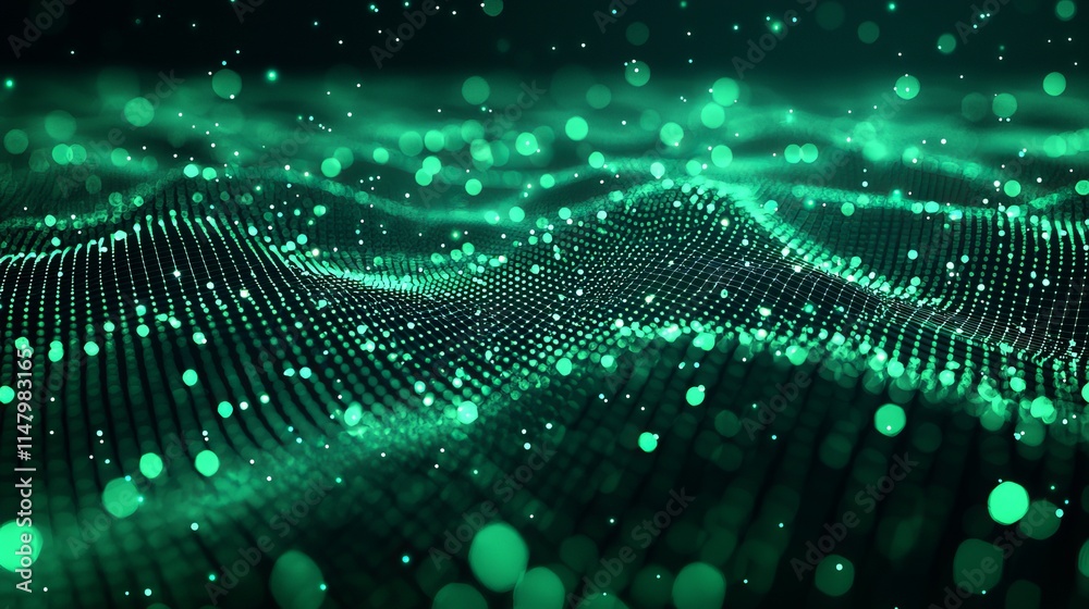 Poster vibrant green light waves create a mesmerizing visual of digital particles in motion over a dark bac