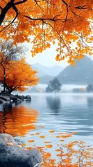 Fototapete Rund A serene autumn landscape featuring vibrant orange trees reflecting on a calm lake, surrounded by misty mountains, creating a tranquil and picturesque setting. © JOE'S SAFARI