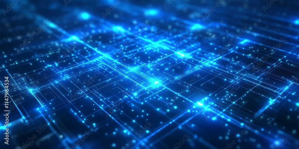 Poster digital network grid illuminated by blue light gives a futuristic look displaying interconnected dat