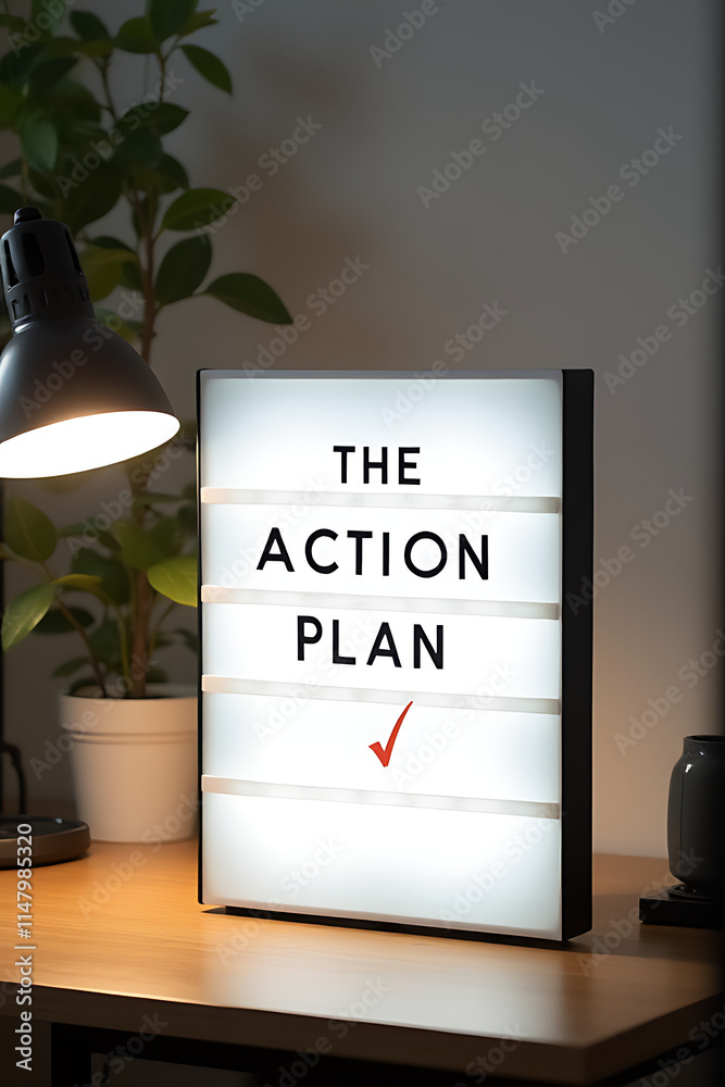 Poster The action plan is displayed on a light box placed on a desk table within my home office for business motivation._00002_