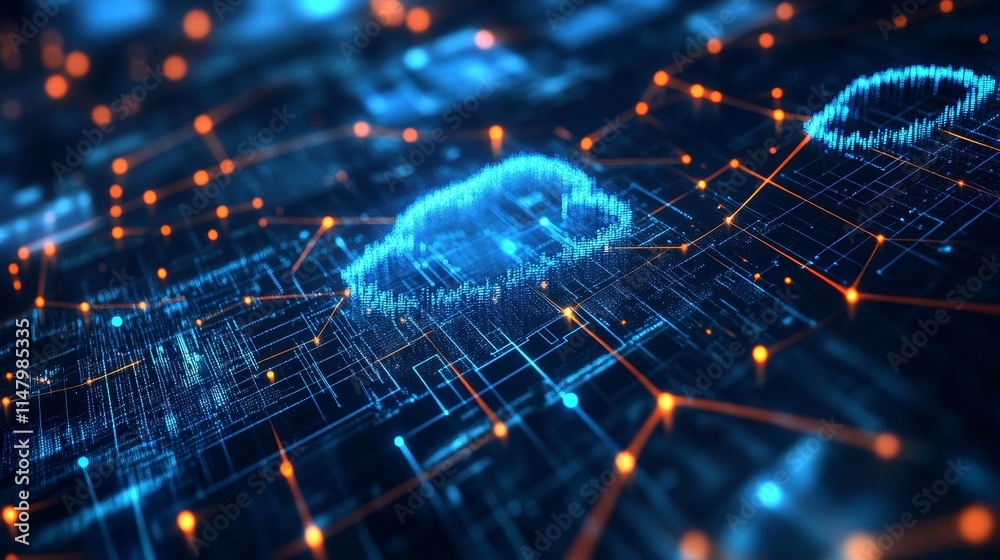 Poster digital representation of cloud computing technology with interconnected nodes and vibrant lights du