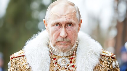 Close-up portrait of a man in elaborate gold and fur attire, serious expression.