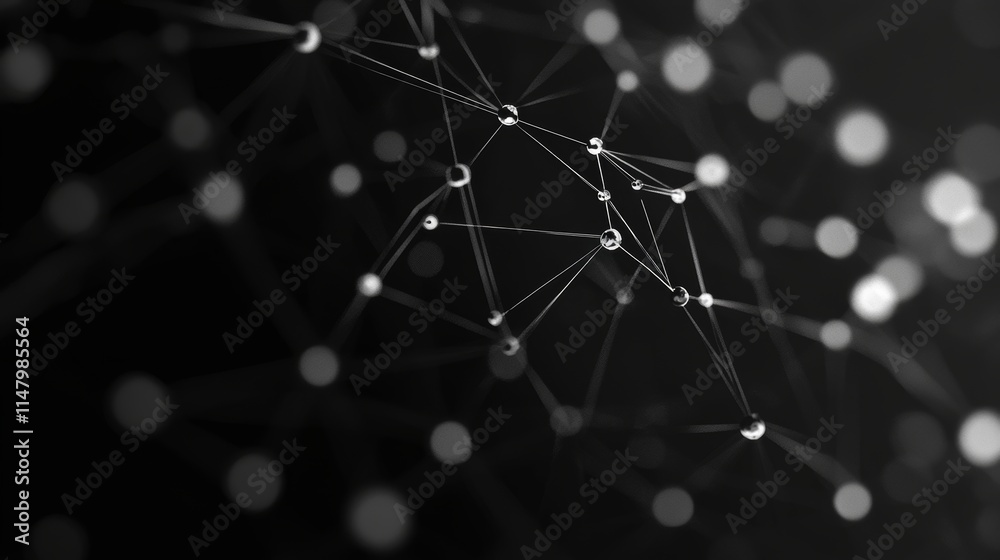 Poster dynamic network of droplets on a dark background showcasing interconnected lines and glowing points 