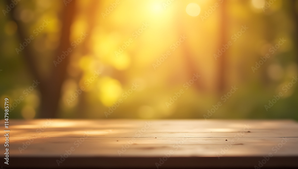 Poster Table top with blurred light gold bokeh background ideal for empty space to create a visually appealing montage and layout display._00002_