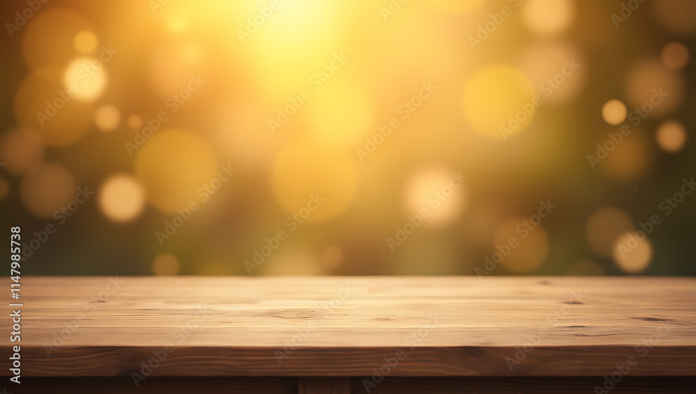 Aufkleber Table top with blurred light gold bokeh background ideal for empty space to create a visually appealing montage and layout display._00001_