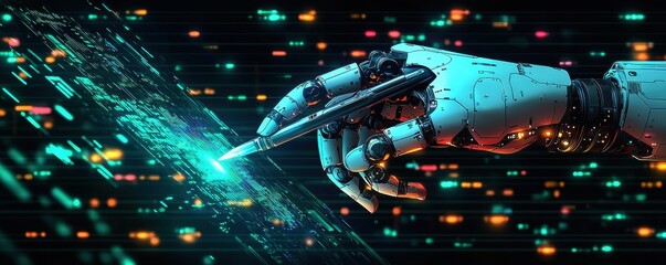 Futuristic robotic hand illustrating technological creativity with digital interface