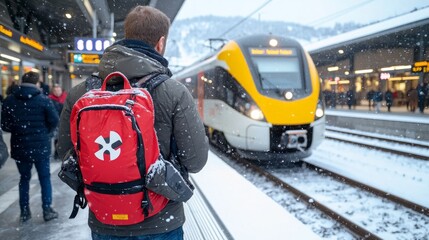 Snowfall blankets train station as traveler waits for arrival of regional train