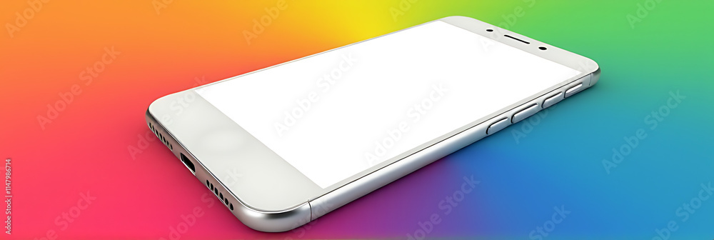 Poster Smartphone sits on a colorful background with its white screen facing upwards, creating a visually appealing contrast._00002_