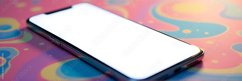 Poster Smartphone sits on a colorful background with its white screen facing upwards, creating a visually appealing contrast._00001_