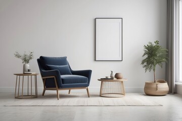 Stylish living room interior with comfortable chair and side table near white wall