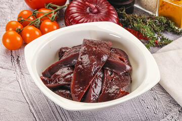 Raw beef liver slices for cooking