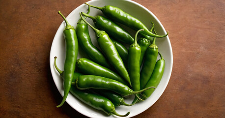 Top view of fresh green chili peppers placed on plate hot green chilies or cayenne peppers stock photo