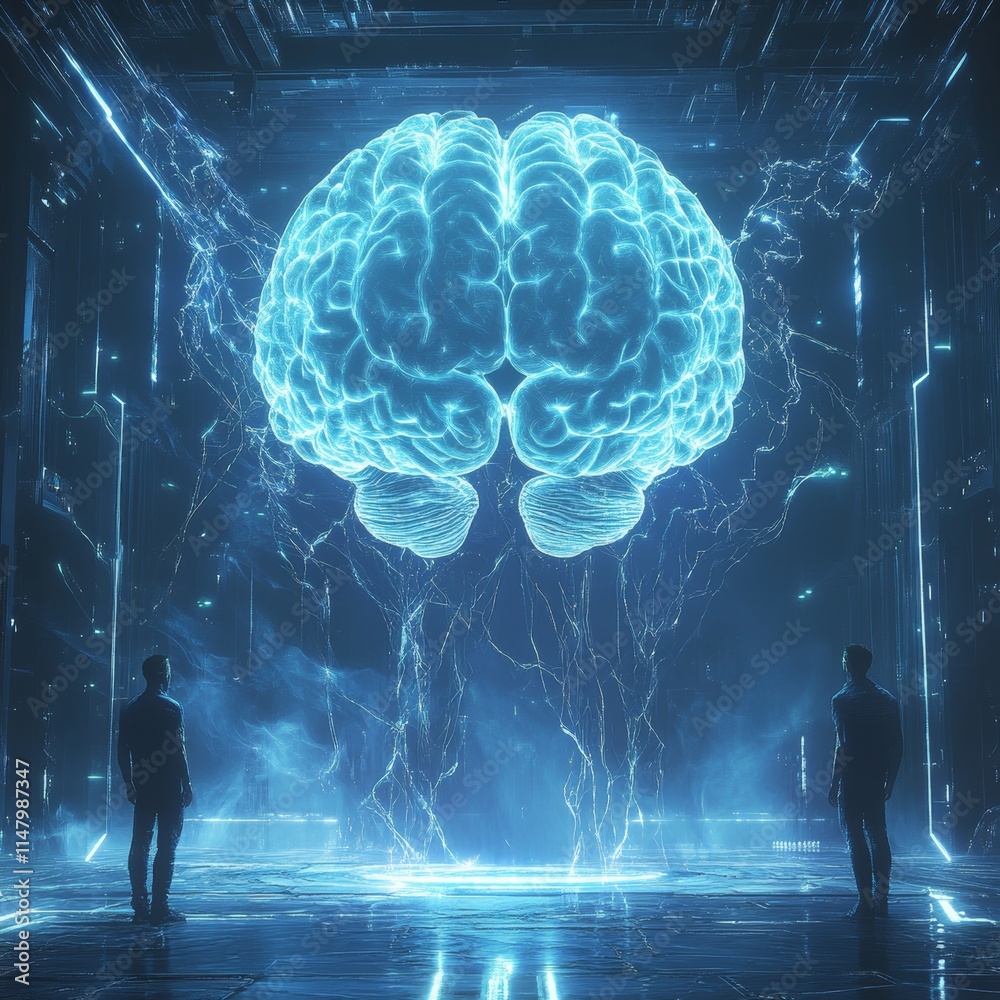 Poster futuristic visualization of a glowing brain structure in a high-tech environment with two figures ob