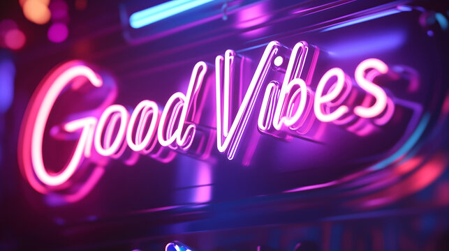 "Good Vibes" neon sign in purple cursive, positive message with modern aesthetic