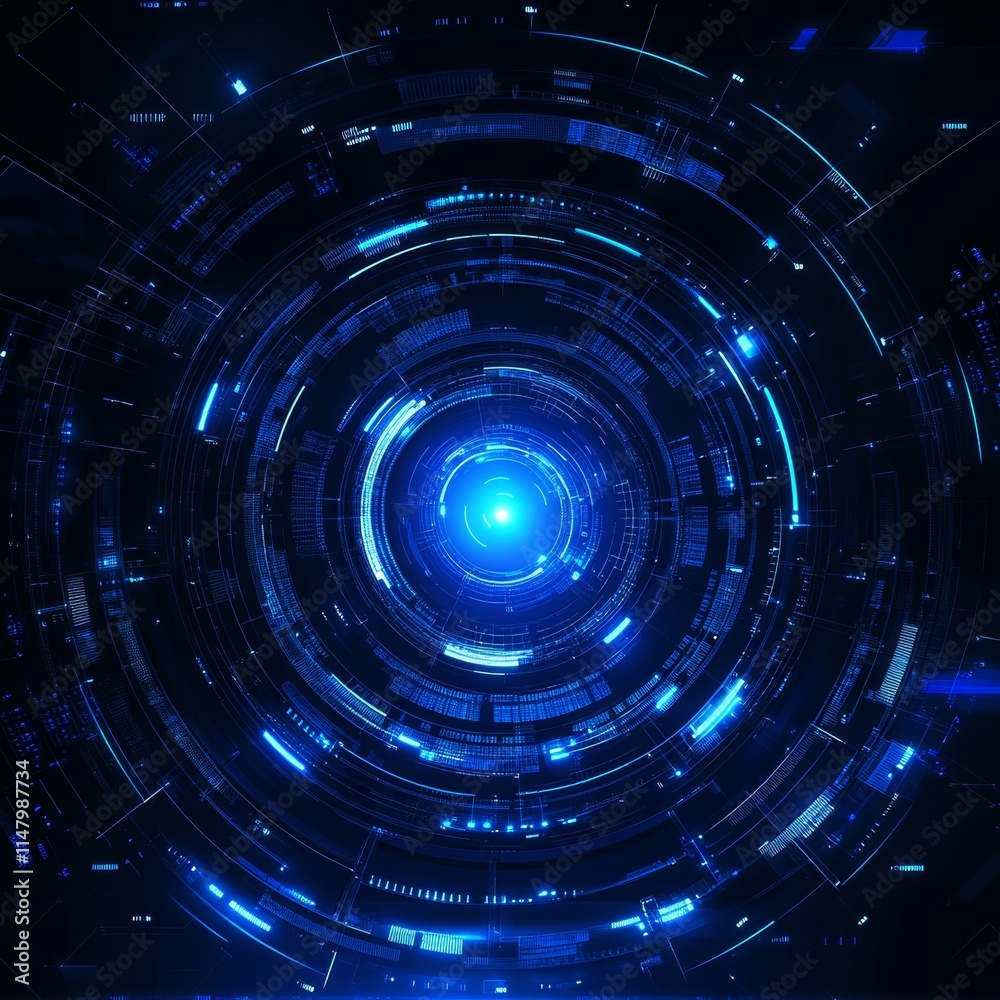 Poster cascading blue light patterns and digital elements create a futuristic tunnel effect in a dark space