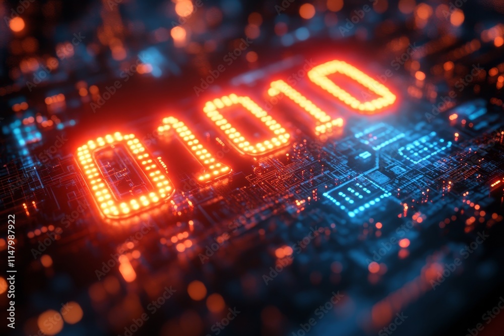 Poster digital display with binary code illuminated against a complex circuit board at night showcasing tec