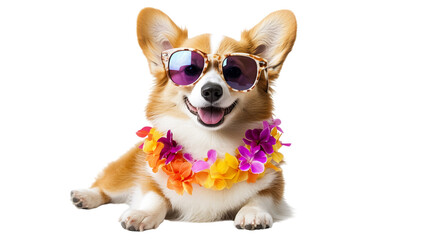 Corgi dog wearing sunglasses and floral lei enjoys a sunny day at a summer gathering, cut out