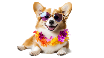 Corgi dog wearing sunglasses and floral lei enjoys a sunny day at a summer gathering, cut out