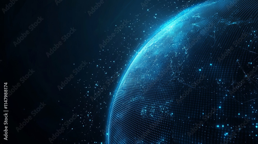 Poster digital representation of earth showcasing a glowing globe with connected dots and network patterns 