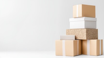 Obraz premium Stack of various cardboard boxes on white background.