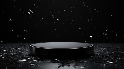 Black Platform Amidst Falling Shattered Glass Fragments
