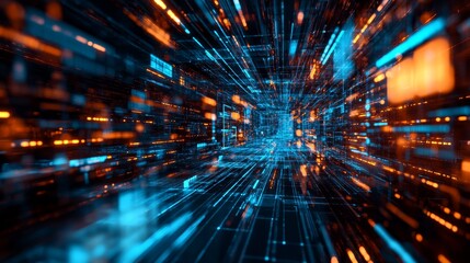 Vibrant Abstract Digital Corridor With Blue and Orange Light Trails Illustrating Fast Movement Through a Futuristic Data Space