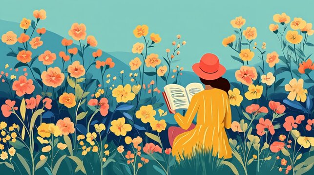 Woman reading in vibrant floral garden under clear blue sky