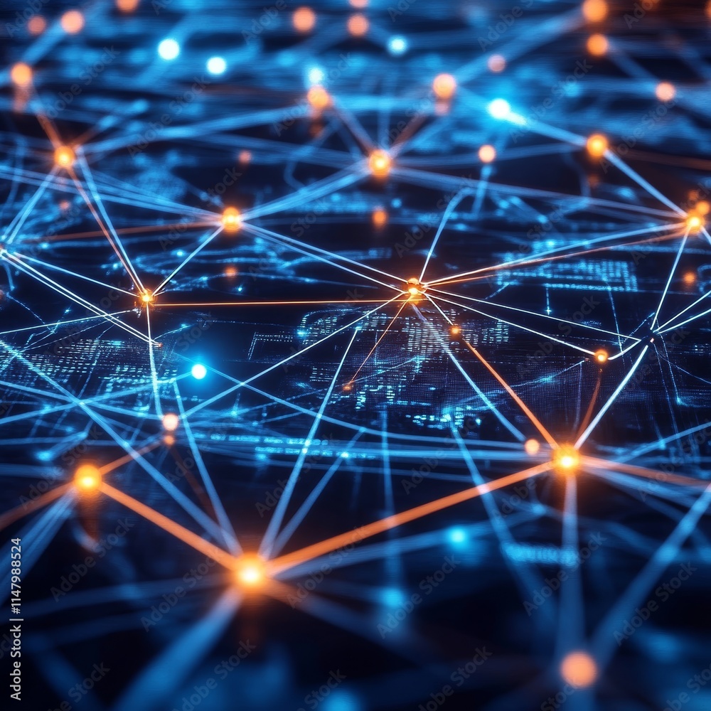 Poster visual representation of interconnected digital networks highlighting data flow in a futuristic tech