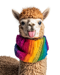 Alpaca wears vibrant rainbow scarf with joyful expression, cut out