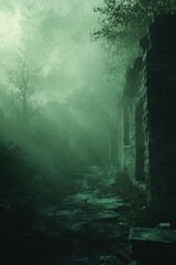 Fototapeta premium Mysterious abandoned pathway with ruins shrouded in mist during twilight hours