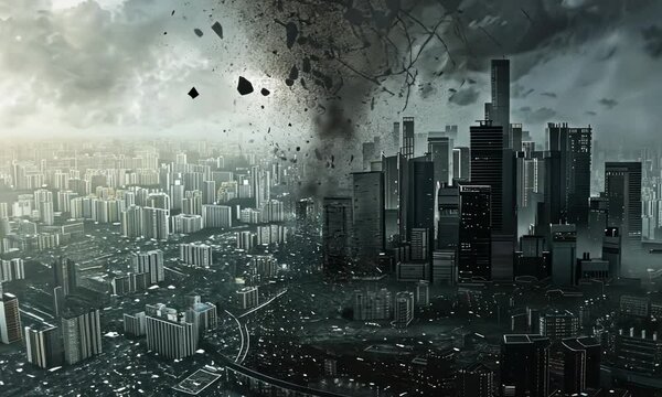 Dark cityscape with deteriorating buildings under stormy skies