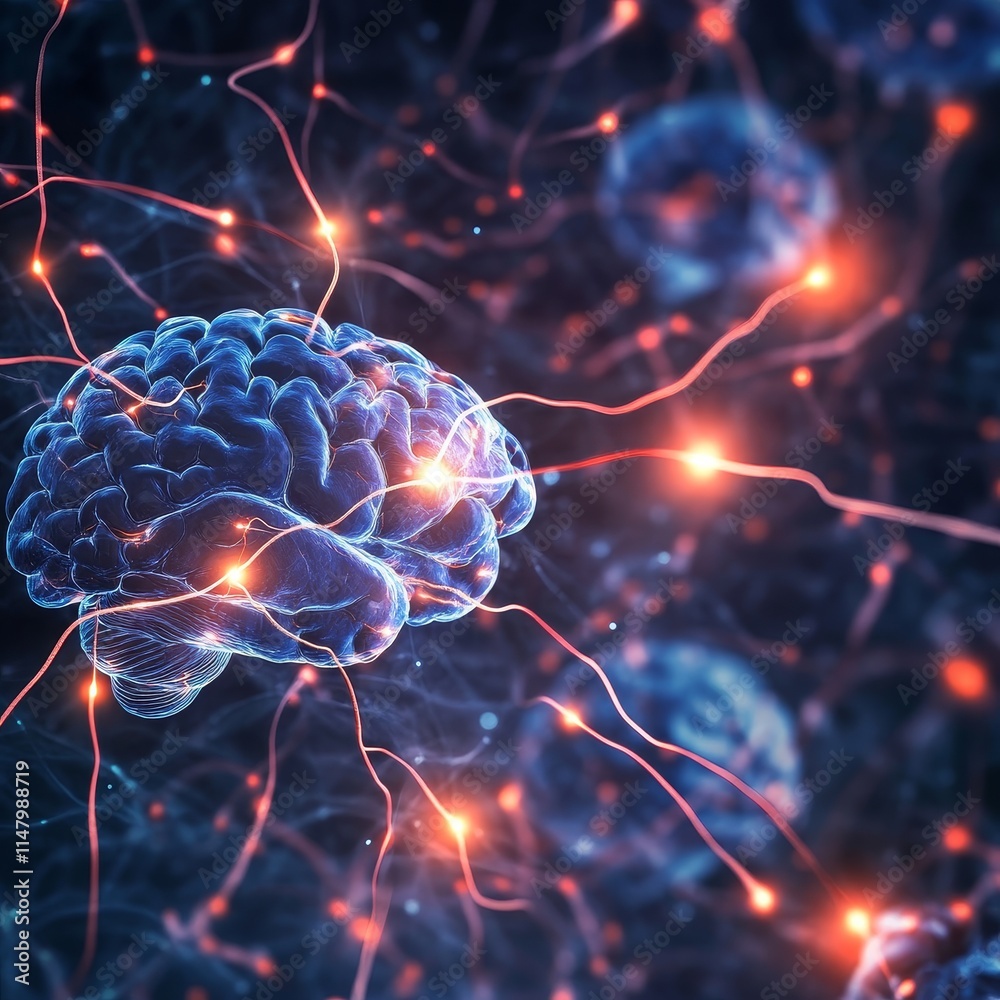 Poster digital representation of a human brain interconnected with glowing neural networks showcasing compl